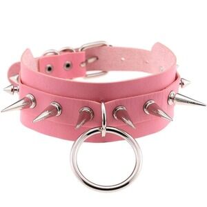Pink Choker Necklace Gothic Punk Faux Leather Metal Spikes O-Ring Collar Unisex